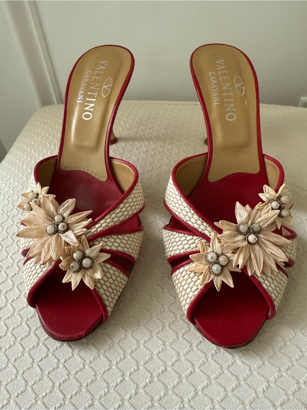 Valentino Garavani Women’s Raffia Floral Slide Mules Red & Beige Size 37 - Picture 5 of 9